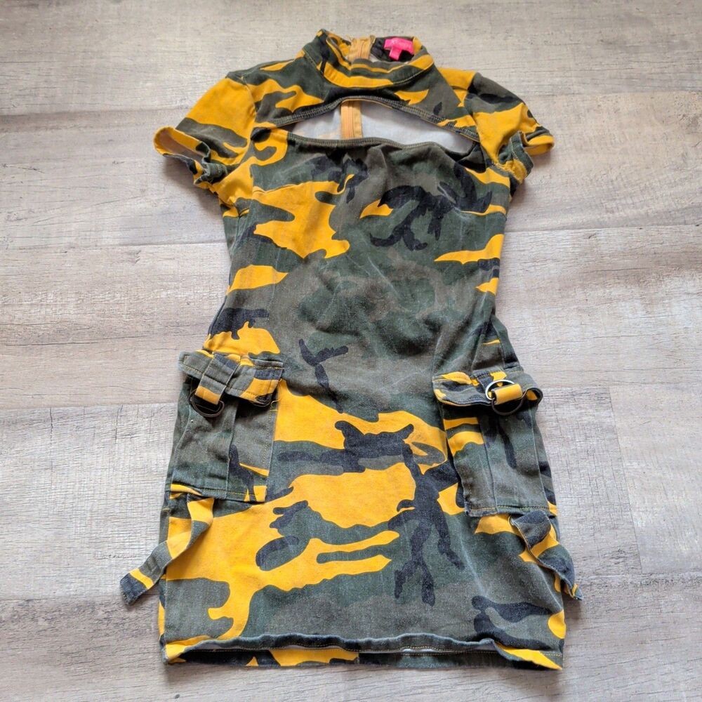 Xtaren Yellow Camo Cargo Mini Dress Cutout Mock Neck Bodycon Y2K Streetwear M